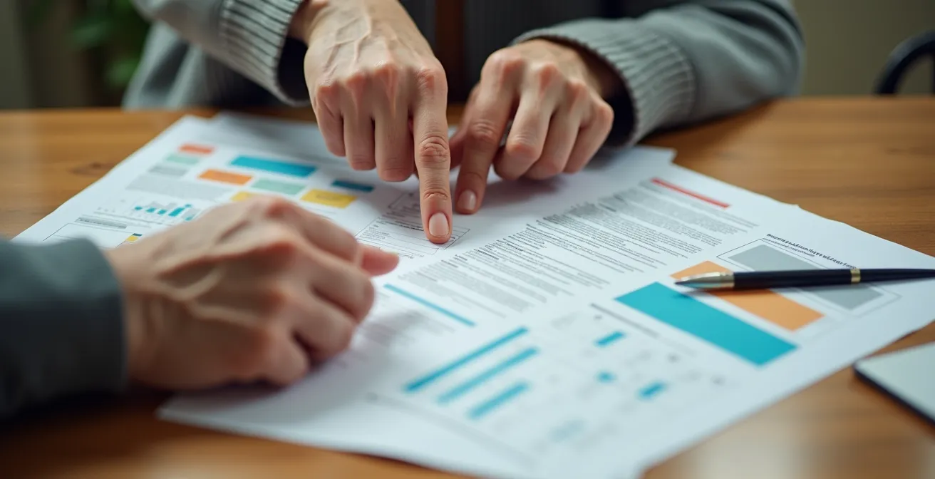 Mains d'une personne âgée et d'un aidant consultant ensemble des documents médicaux