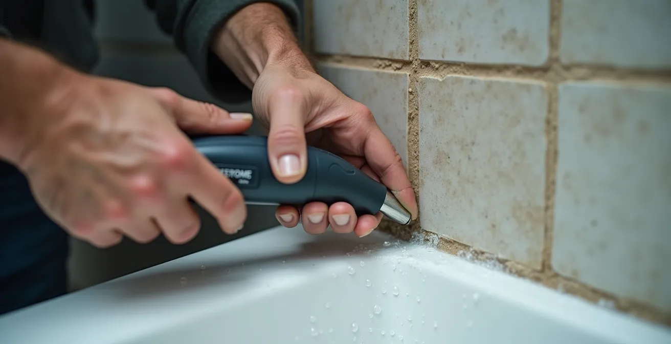 Gros plan sur les mains d'un artisan vérifiant l'étanchéité d'une jonction de douche