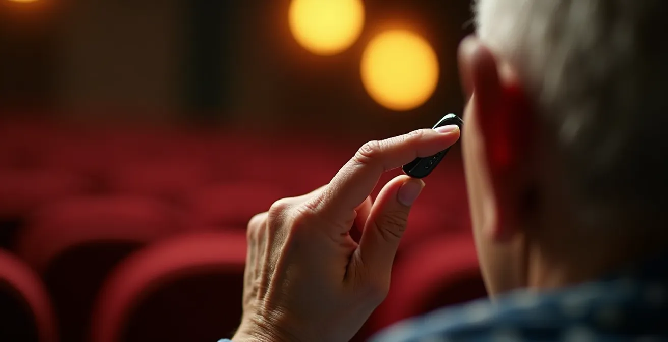 Gros plan sur une main ajustant discrètement un appareil auditif dans un théâtre