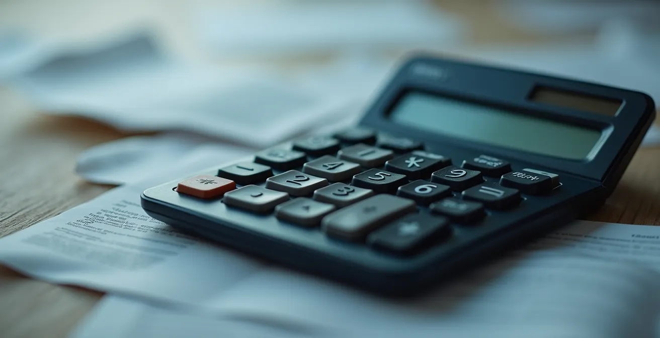 Vue macro d'une calculatrice posée sur des documents administratifs flous