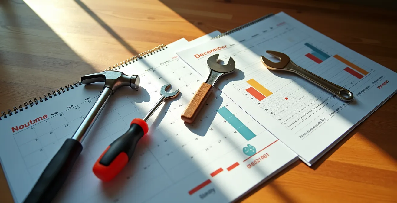 Calendrier annuel avec marqueurs visuels montrant le découpage stratégique des travaux