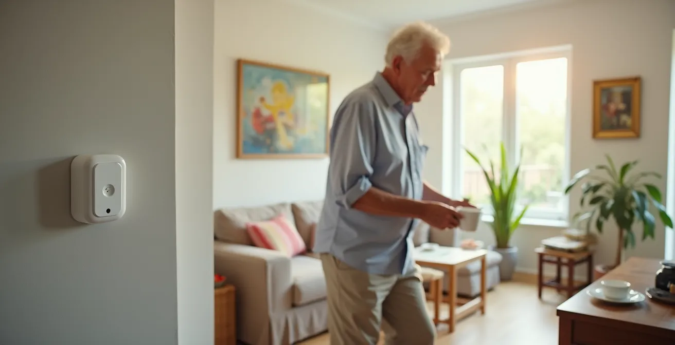 Intérieur d'un logement de senior équipé discrètement de capteurs de mouvement et détecteurs intelligents