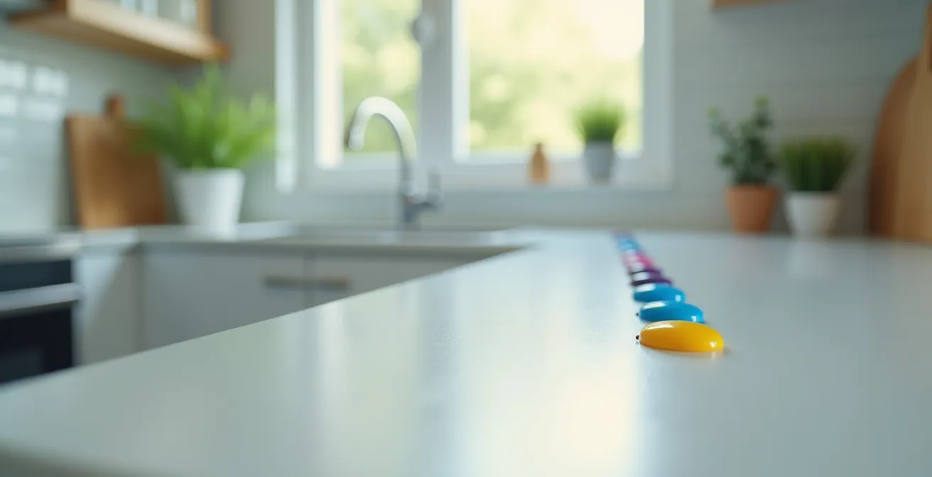 Cuisine adaptée montrant un système de code couleur avec points bleus sur robinets et points jaunes sur poignées