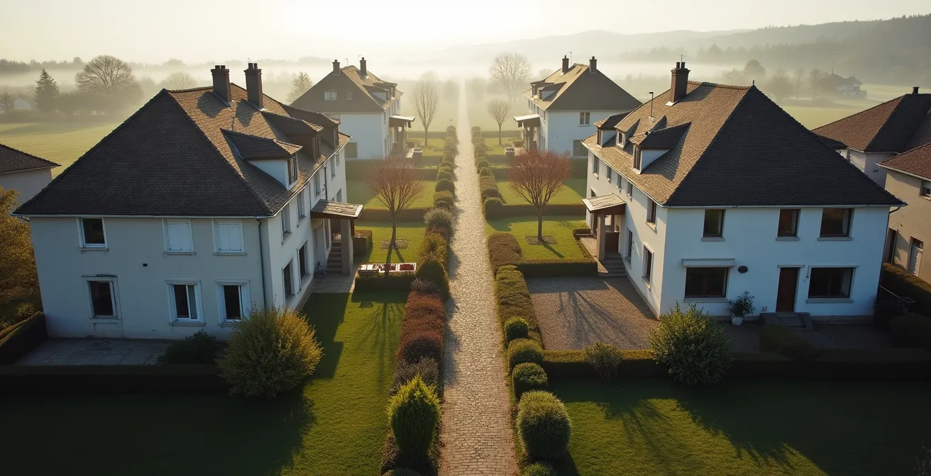Vue aérienne minimaliste d'une maison traditionnelle et d'une résidence moderne côte à côte