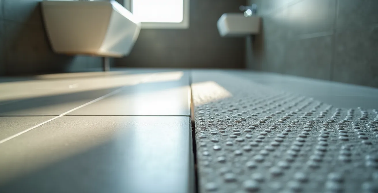 Vue comparative de différents revêtements de sol de salle de bain avec textures antidérapantes visibles