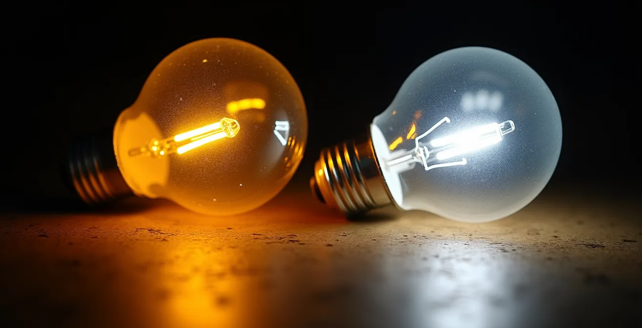 Comparaison visuelle entre lumière ambrée douce et lumière blanche dans un couloir la nuit