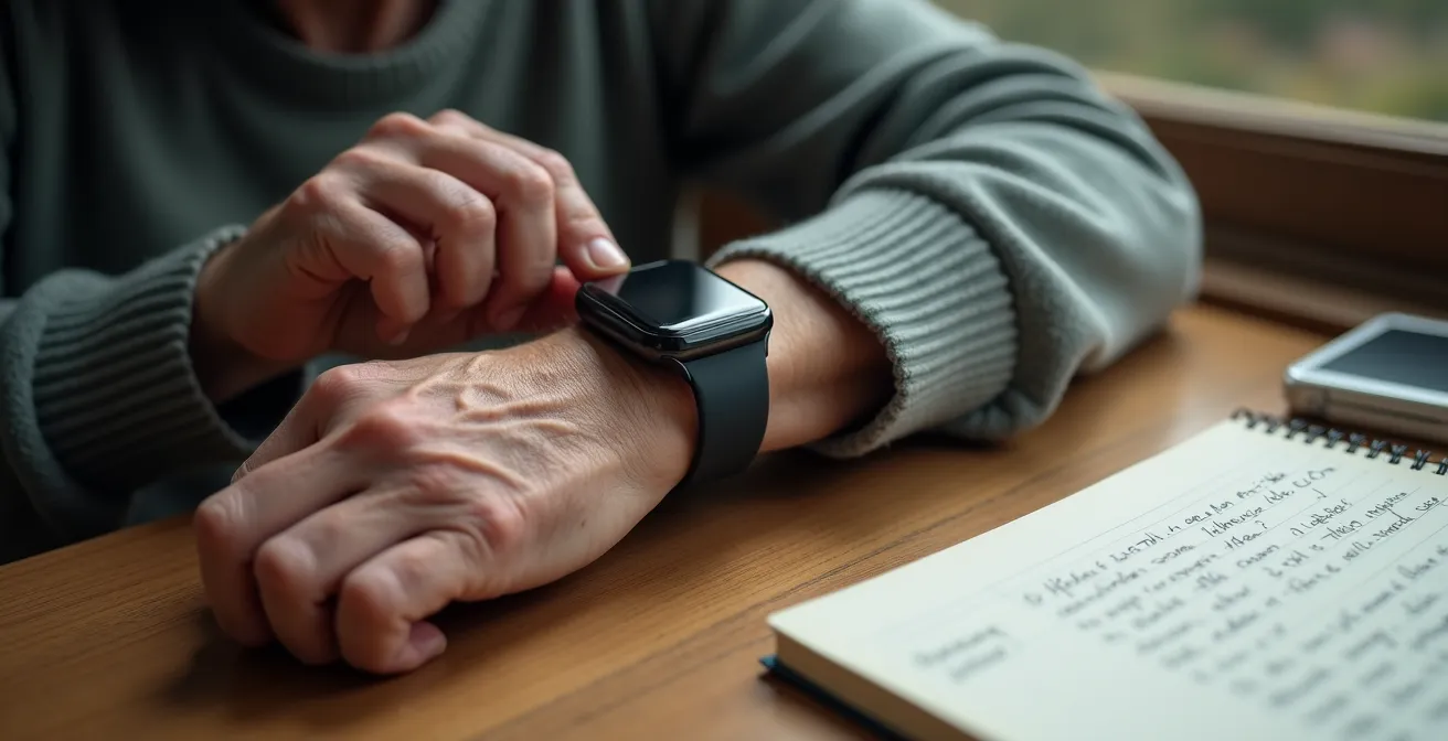 Mains d'une personne âgée manipulant une montre connectée sur une table