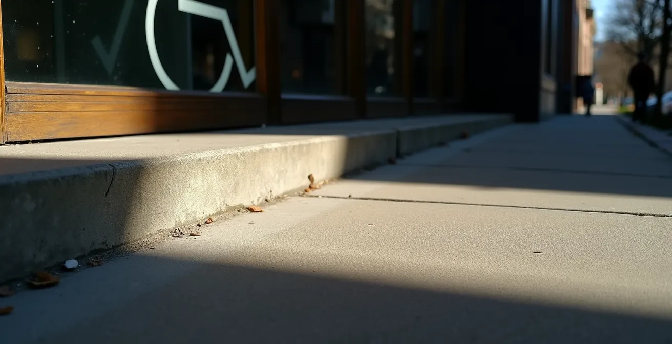 Vue en contre-plongée d'une marche d'entrée de commerce avec ombre portée montrant la hauteur de l'obstacle