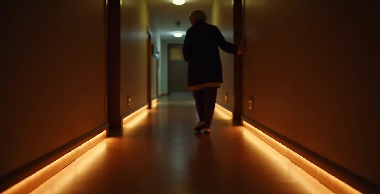 Couloir nocturne avec chemin lumineux LED au sol créant une ambiance sécurisante