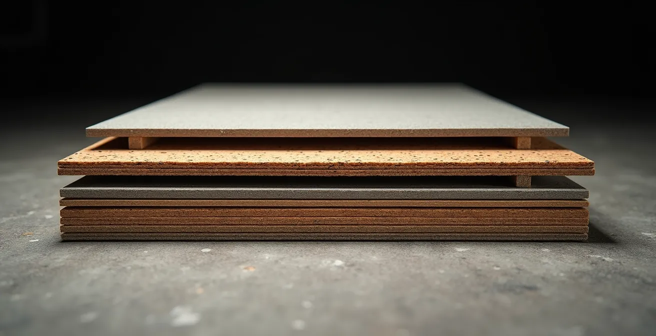 Coupe technique montrant les différentes couches d'un sol vinyle avec sous-couche amortissante