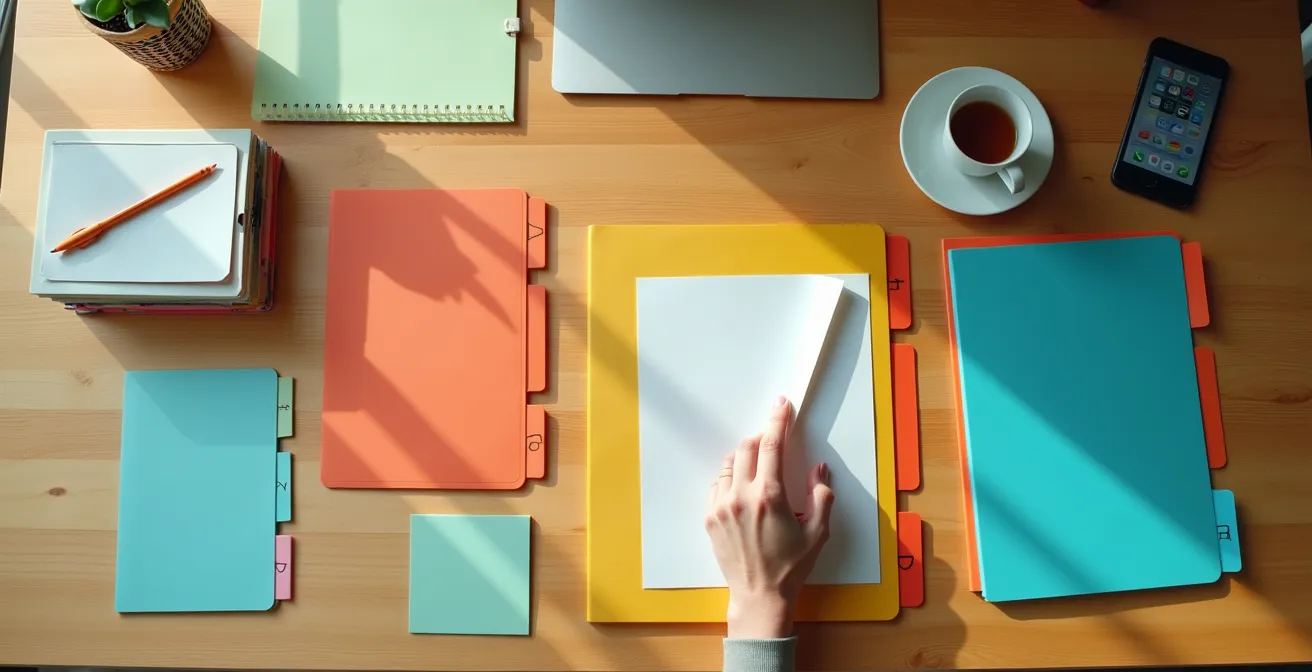 Bureau organisé avec classeurs et documents administratifs soigneusement rangés pour le maintien à domicile