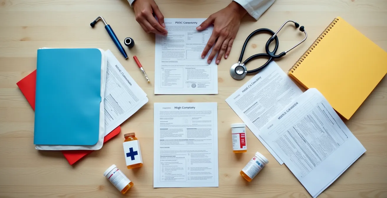 Vue de dessus d'un dossier médical organisé sur une table avec mains de soignant, sans texte visible