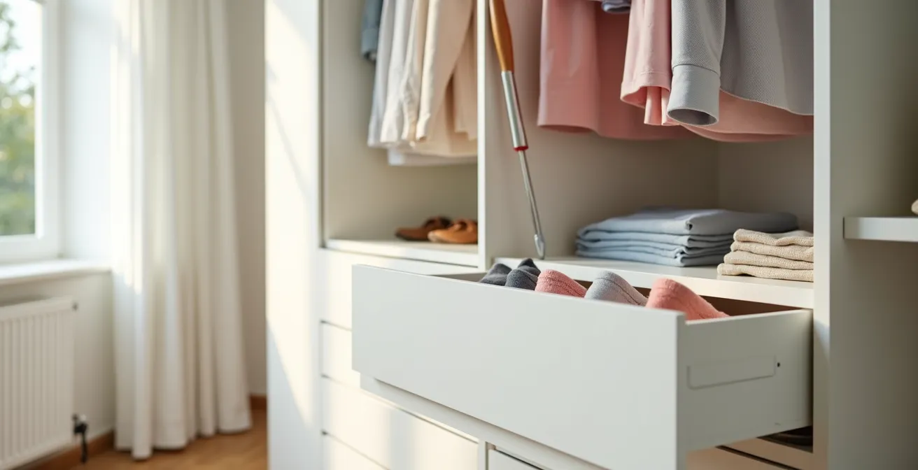 Dressing organisé avec vêtements rangés à hauteur accessible, tiroirs ouverts montrant le pliage vertical