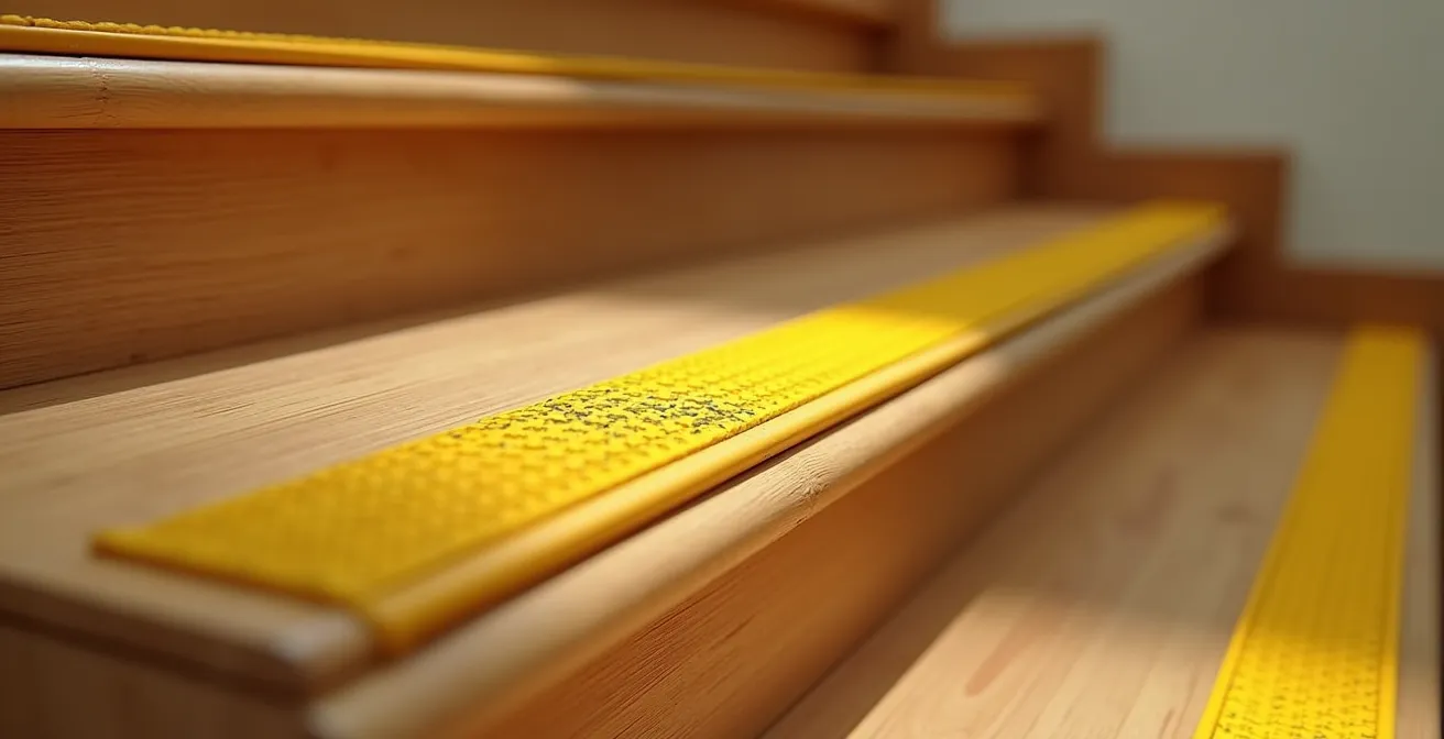 Gros plan sur des marches d'escalier avec bandes antidérapantes jaunes contrastées et main courante en bois