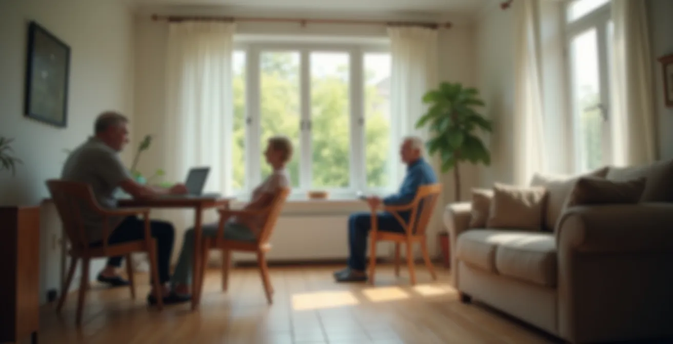 Vue large d'un espace domestique montrant la dualité entre zone de travail et espace de vie partagé