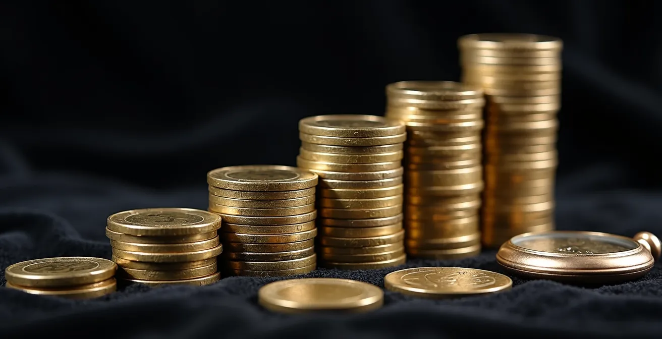 Photographie macro de pièces d'euros empilées avec reflet d'une horloge