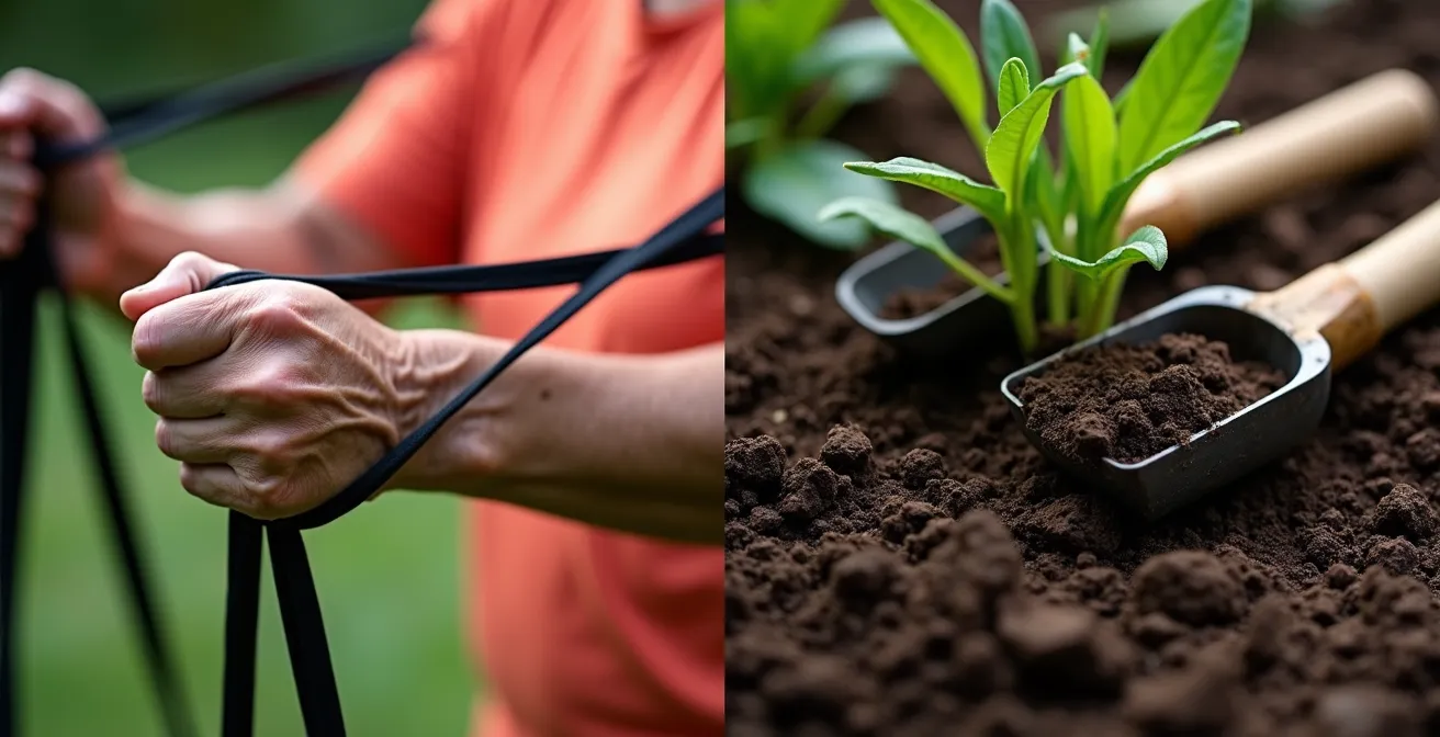 Comparaison visuelle entre jardinage et exercice structuré avec bandes élastiques