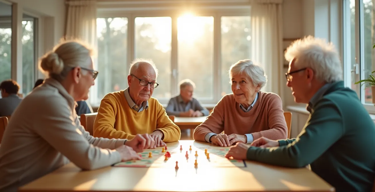 Groupe de seniors engagés dans une activité de jeu de société stimulant mémoire et logique dans un environnement convivial