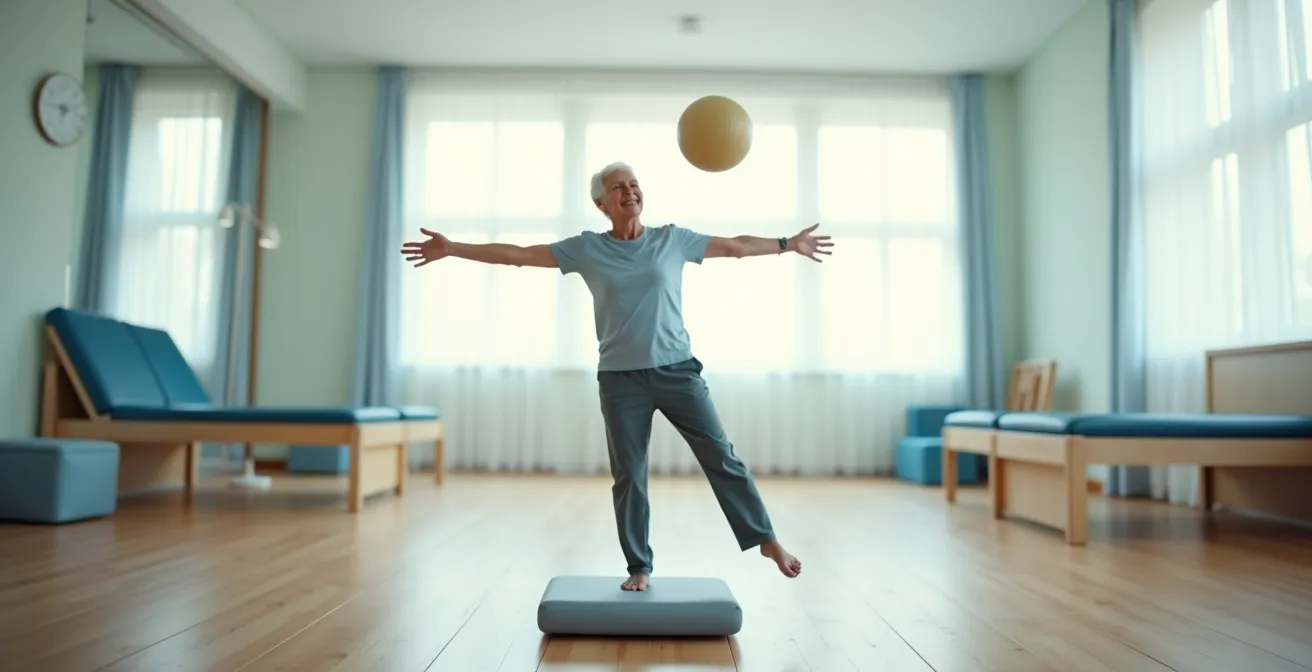Senior souriant pratiquant un exercice d'équilibre avec un ballon léger dans un environnement sécurisé
