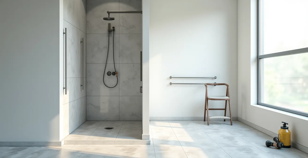 Vue rapprochée d'une installation de douche adaptée montrant les finitions d'étanchéité