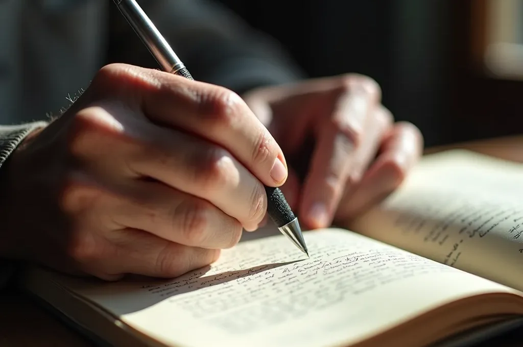 Gros plan sur des mains tenant un stylo au-dessus d'un carnet avec des notes floues, lumière douce d'après-midi