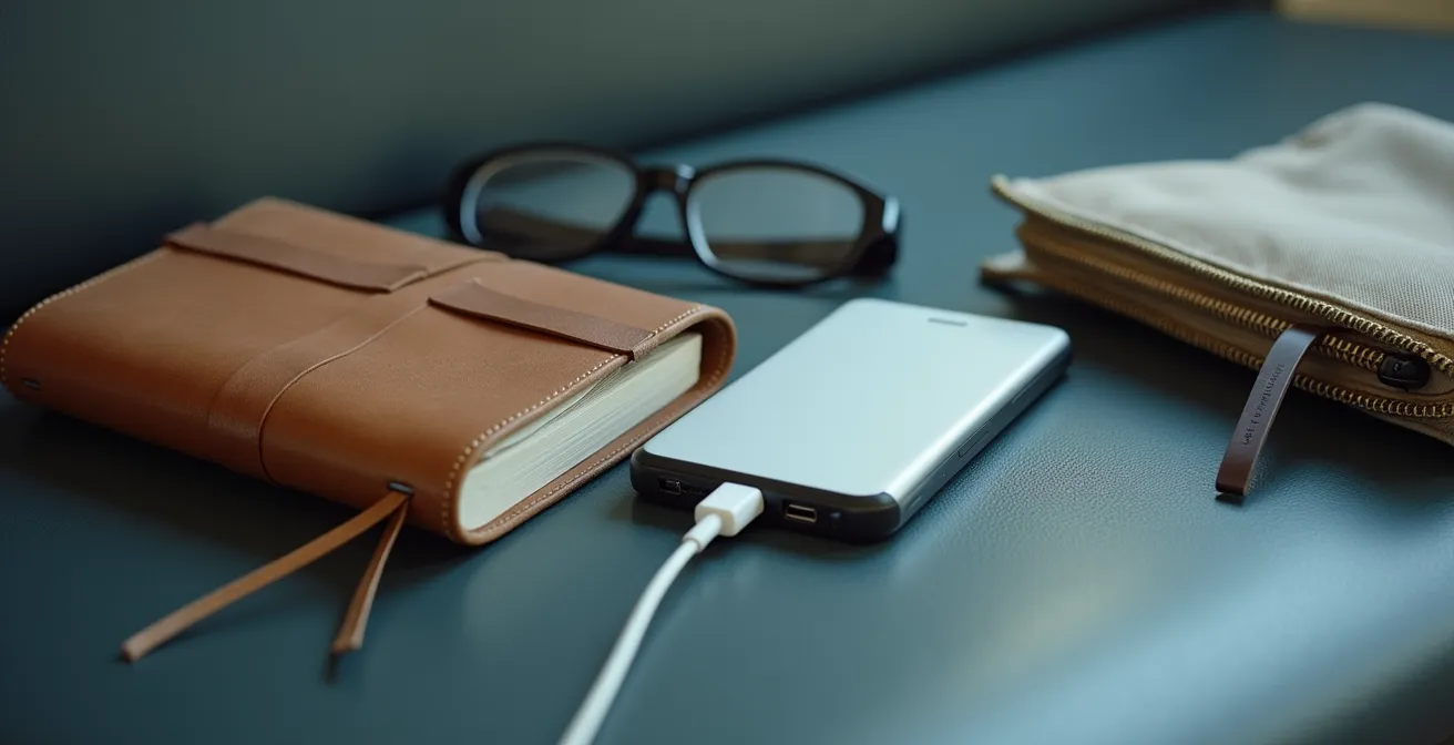 Vue macro d'objets essentiels pour l'attente : téléphone avec batterie externe, livre et carnet de notes