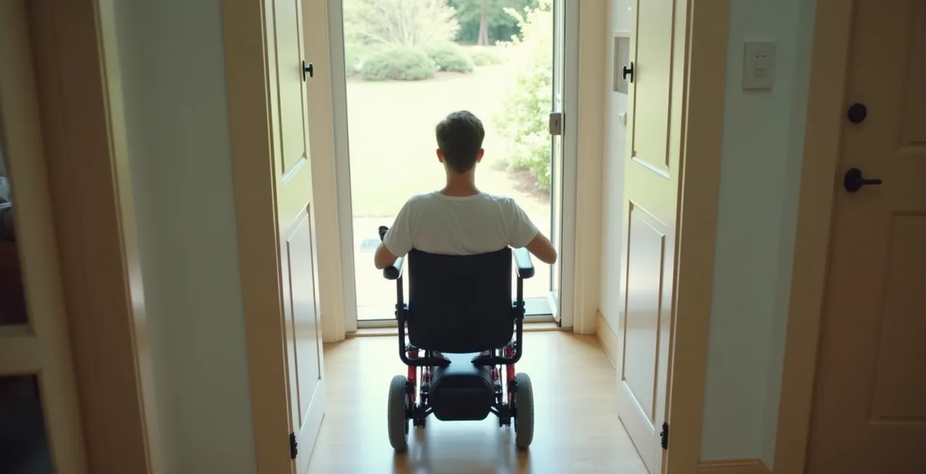 Vue aérienne schématique montrant l'espace de giration nécessaire pour un fauteuil électrique dans un couloir