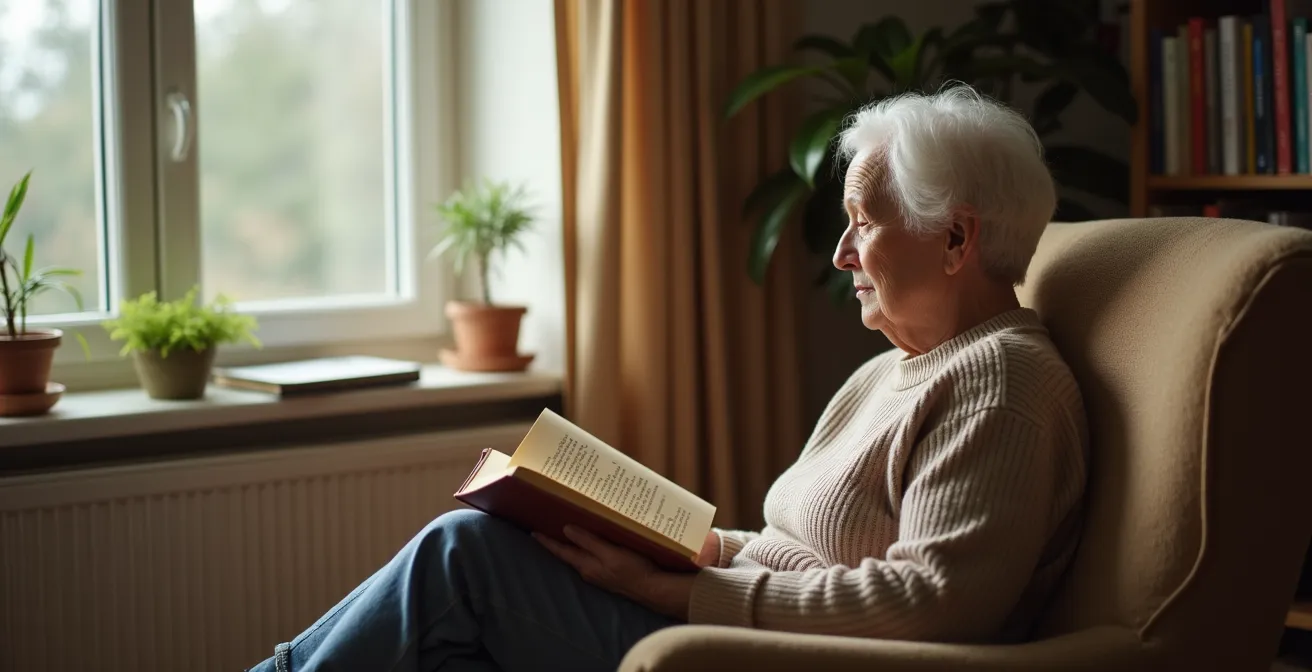 Personne âgée lisant un livre à voix haute dans un environnement calme