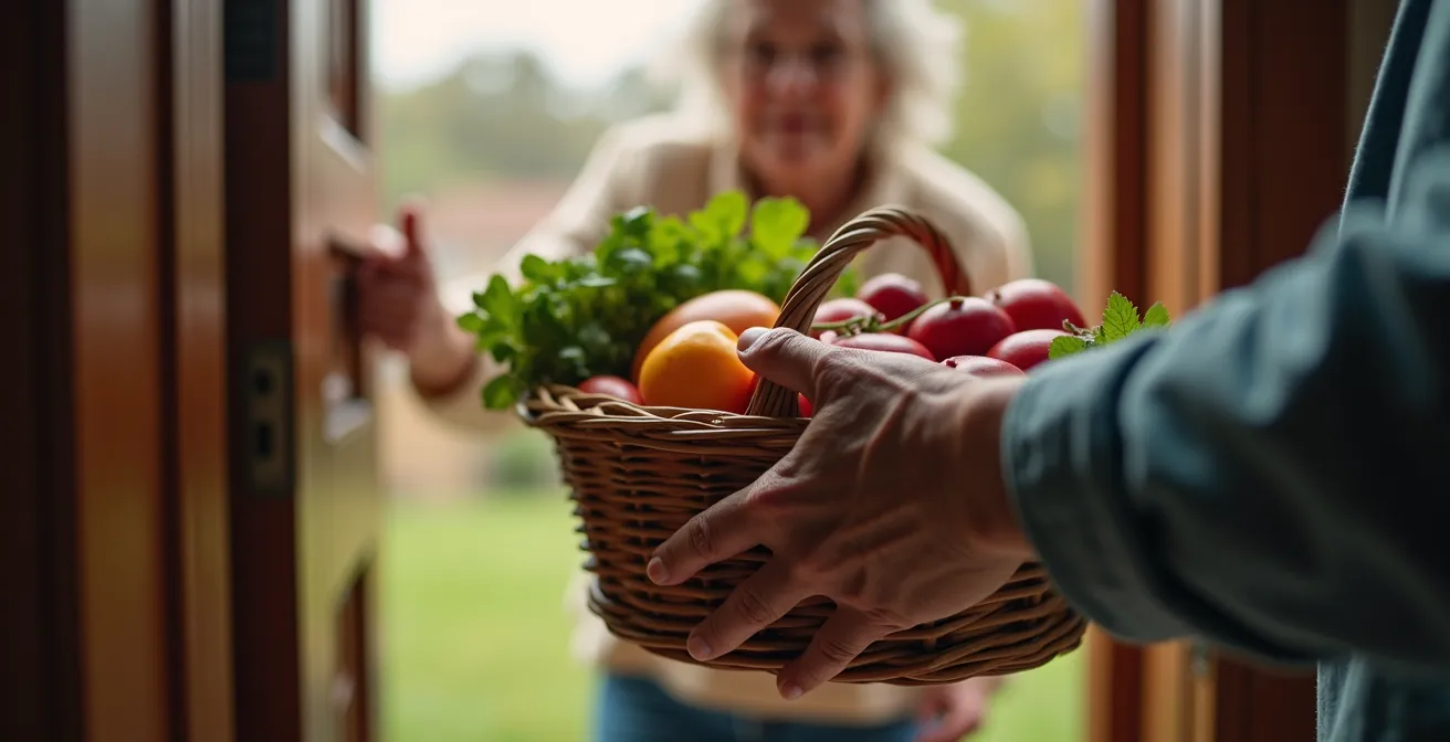 Une main tendue tenant un panier de fruits frais devant une porte entrouverte avec une personne âgée souriante en arrière-plan flou