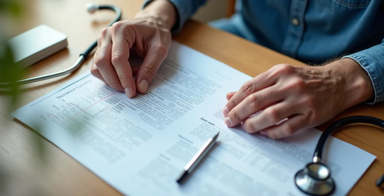 Mains d'une personne âgée posant des documents sur un bureau médical
