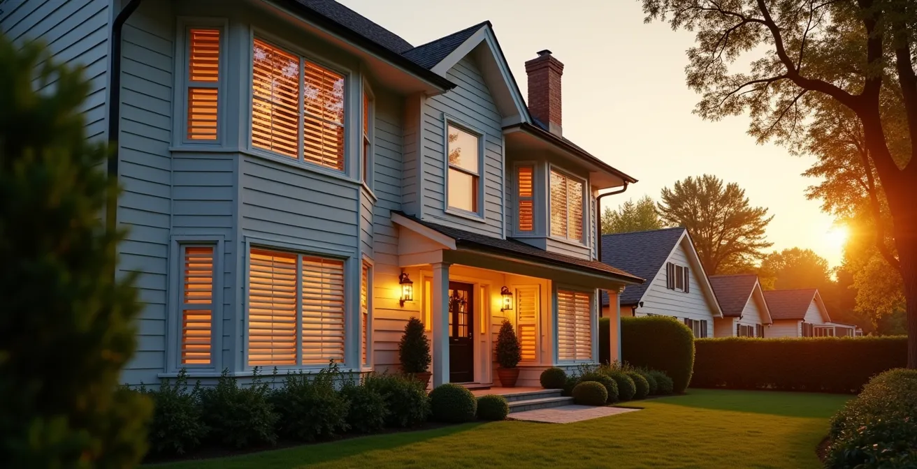 Vue extérieure d'une maison avec volets roulants à différents niveaux d'ouverture simulant une présence