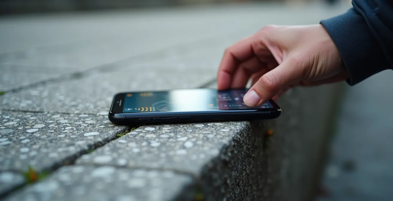 Main tenant un smartphone avec application inclinomètre mesurant l'inclinaison d'un trottoir en pente