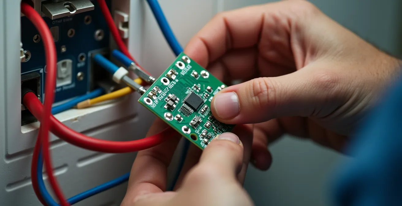 Gros plan sur l'installation d'un micromodule domotique dans une boîte d'encastrement murale