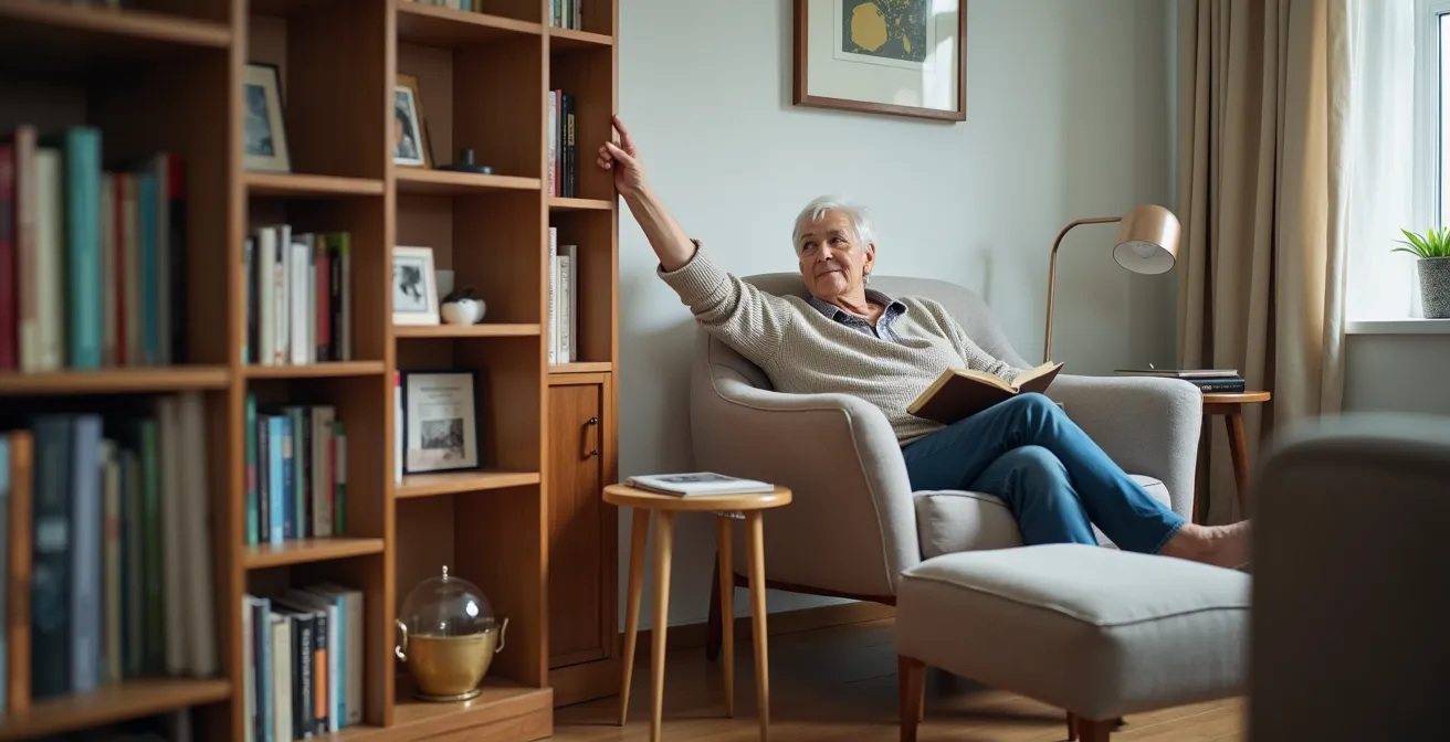Salon avec bibliothèque haute et étroite, meubles sur pieds fins et îlot de convivialité