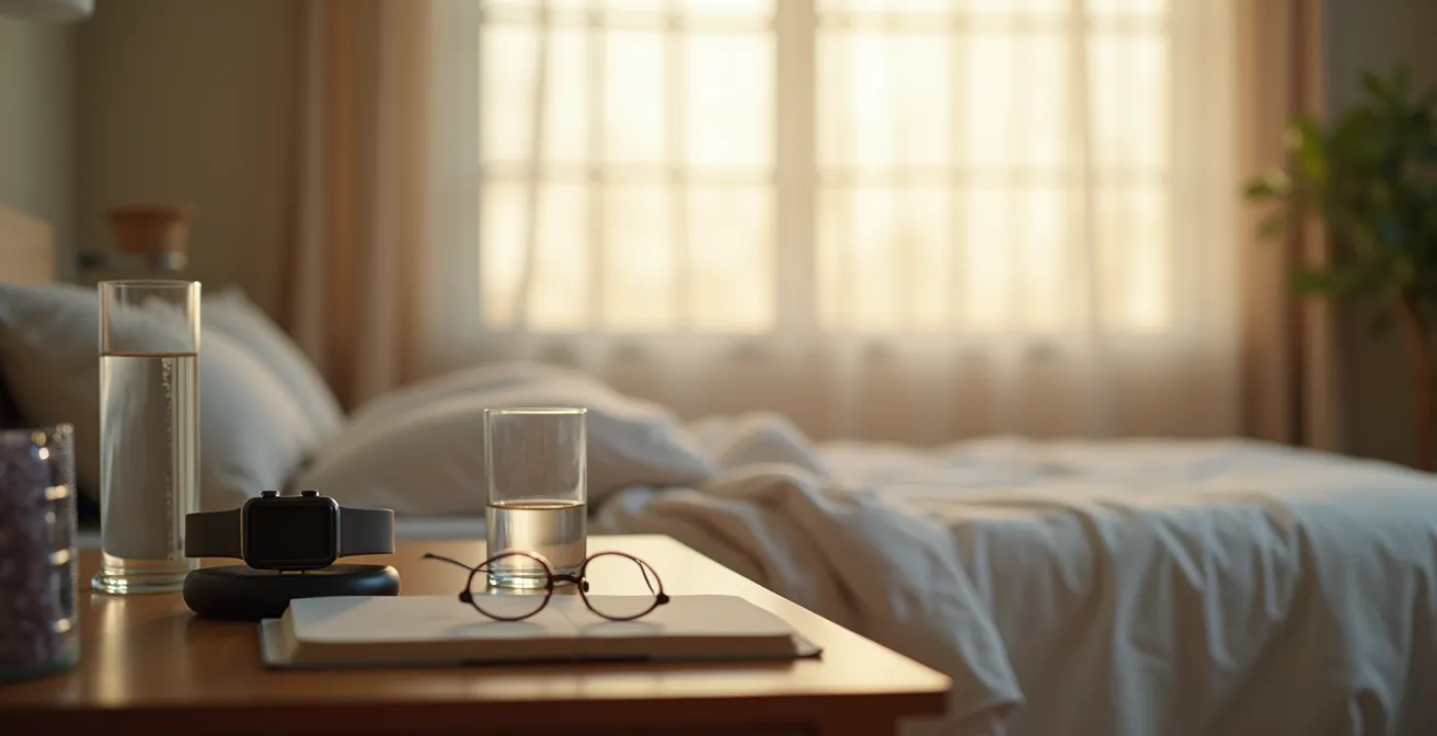 Table de chevet avec montre connectée en charge et environnement nocturne apaisant