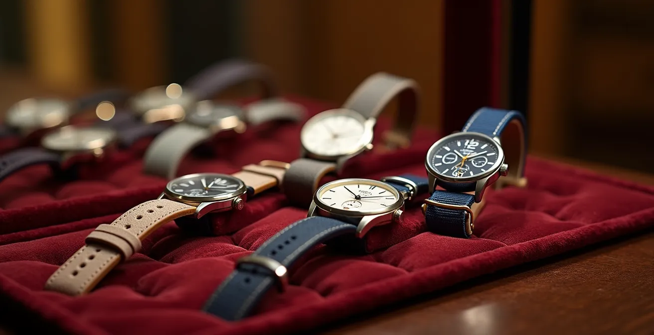 Collection de montres connectées élégantes avec différents bracelets posées sur un présentoir