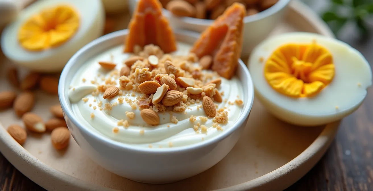 Plateau de petit-déjeuner équilibré avec œufs, fromage blanc et fruits à coque pour senior