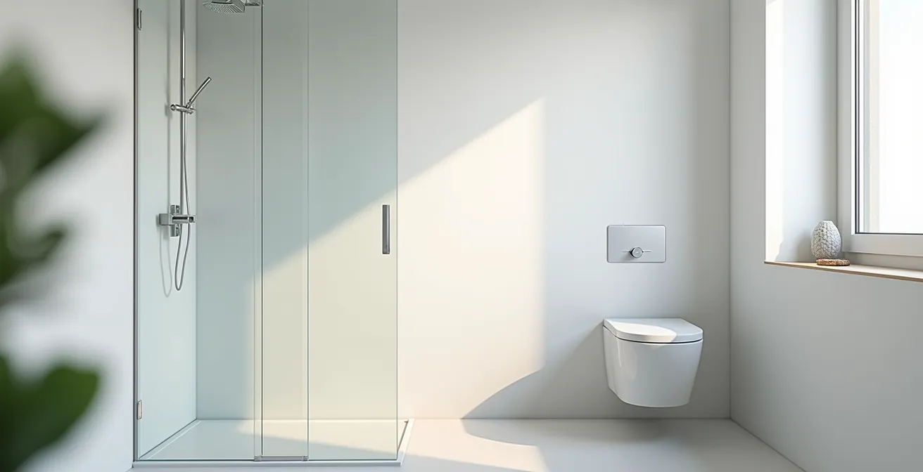 Vue large d'une petite salle de bain avec douche PMR parfaitement intégrée