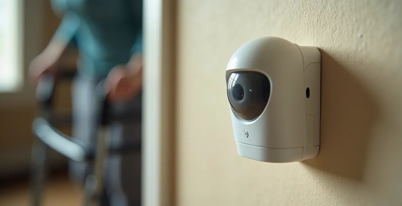 Vue en coupe d'un appartement senior montrant l'emplacement stratégique des capteurs à différentes hauteurs