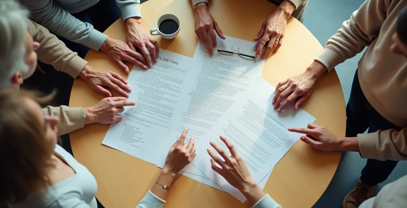 Vue de dessus de mains multiples travaillant ensemble sur une table avec des papiers flous et une tasse de café