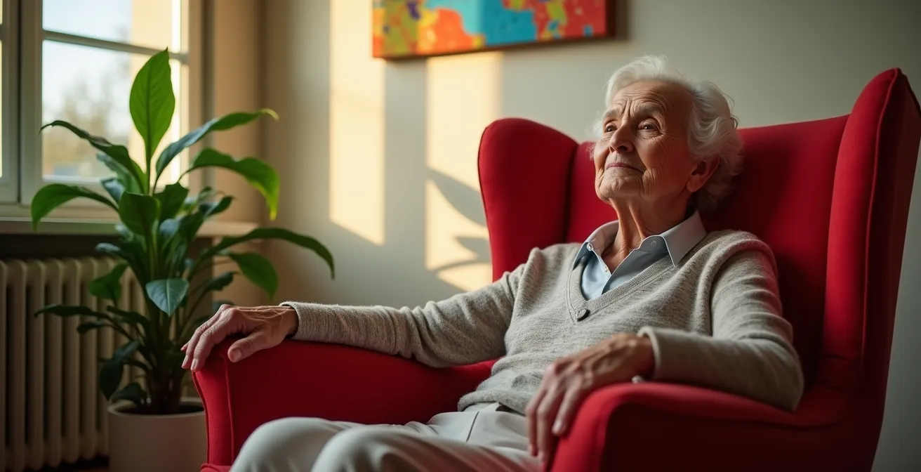Salon aménagé avec points de repère visuels distinctifs incluant un fauteuil rouge vif et une grande plante comme points cardinaux
