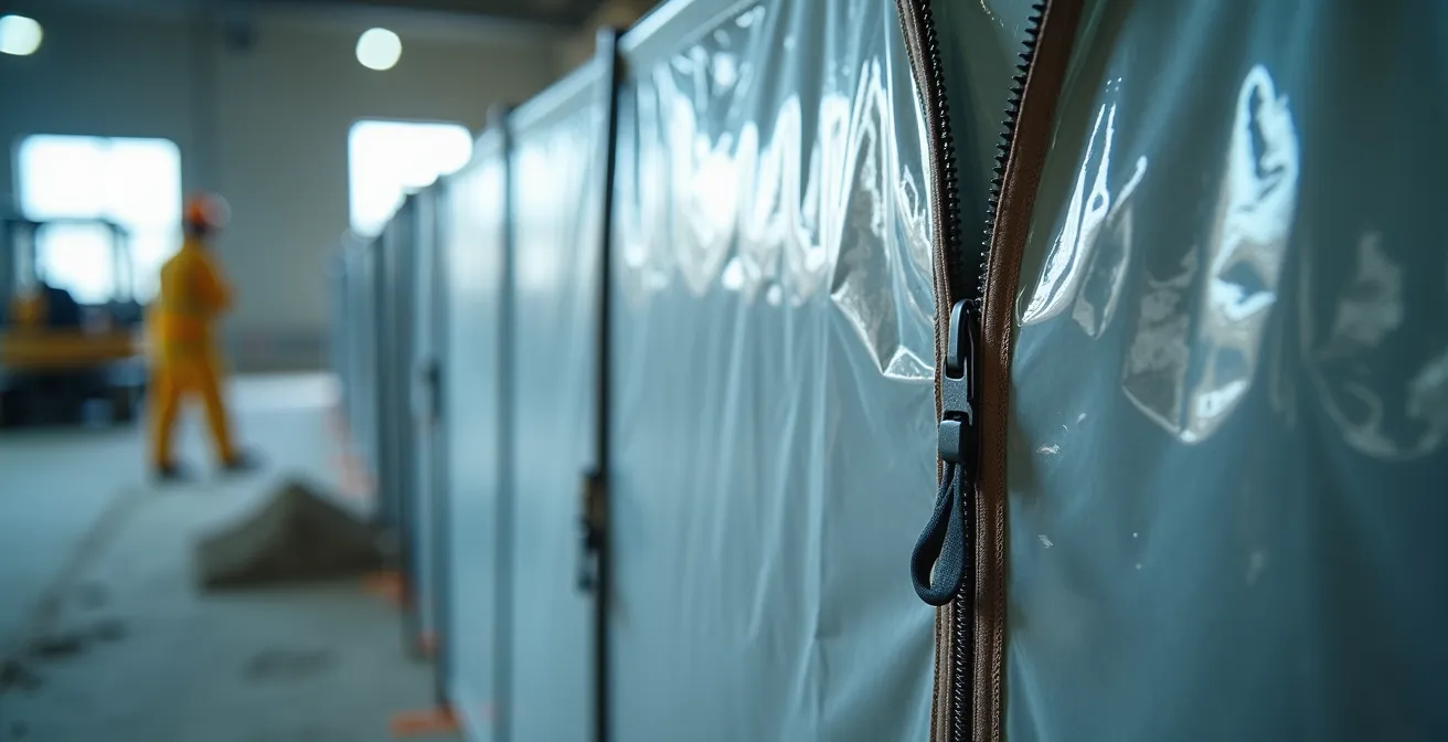 Système professionnel de confinement avec bâches et extracteurs d'air sur un chantier de découpe de mur