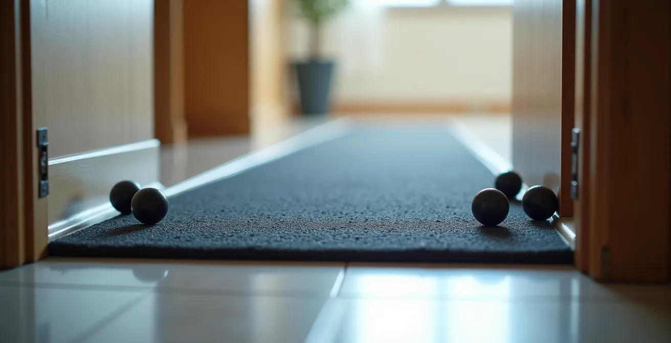 Gros plan sur une rampe de seuil installée à l'entrée d'une pièce avec roues de déambulateur