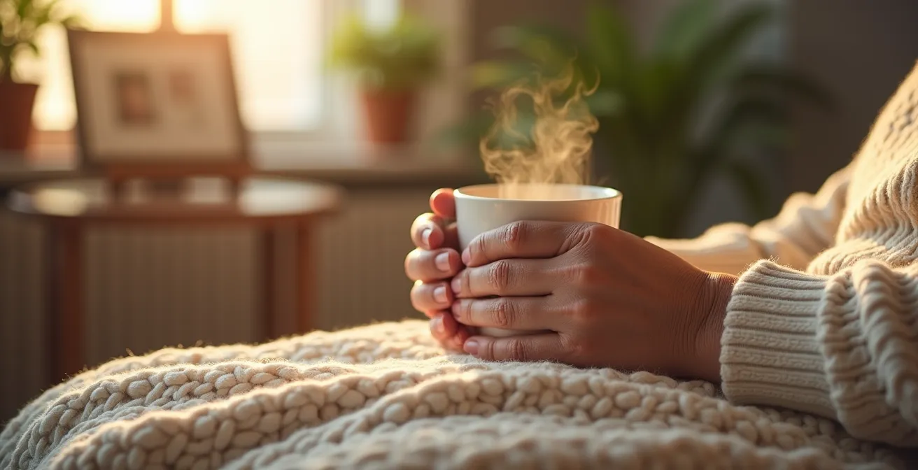 Personne âgée assise dans un fauteuil confortable chez elle, entourée d'éléments familiers, lumière naturelle apaisante