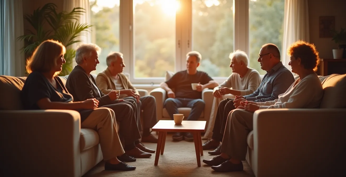 Famille réunie dans un salon pour une discussion importante sur la santé d'un parent
