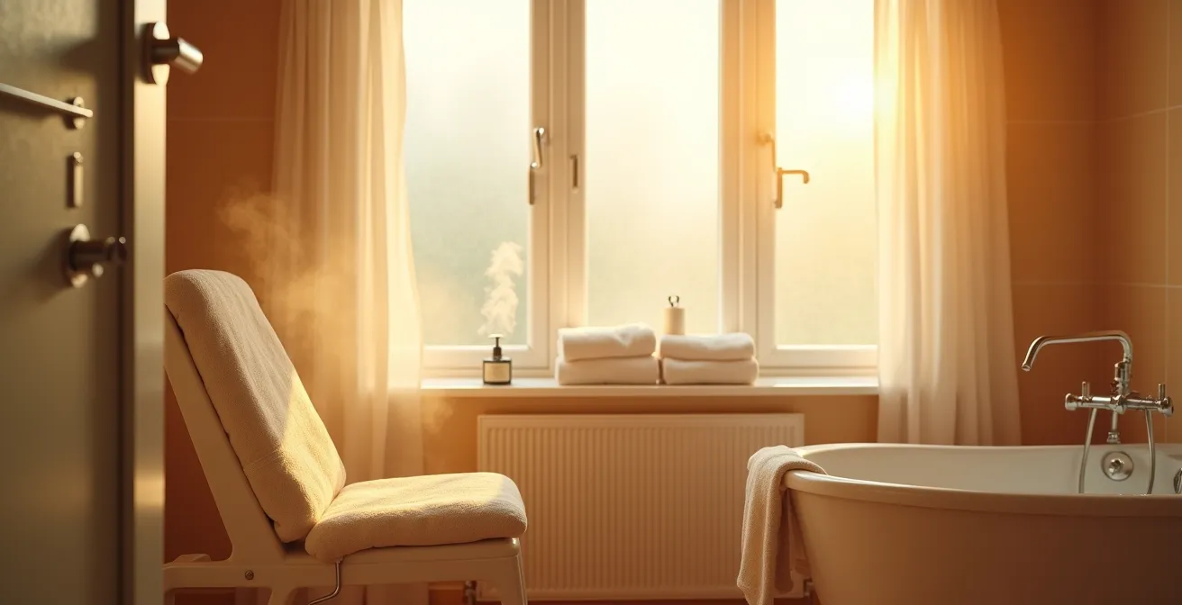 Salle de bain aménagée avec atmosphère chaleureuse et sécurisée pour personne âgée