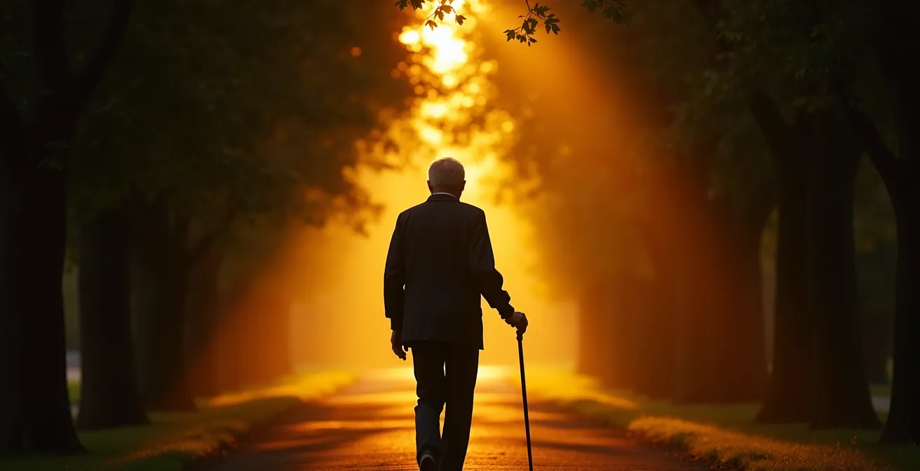 Personne âgée active marchant dans un parc avec une montre connectée