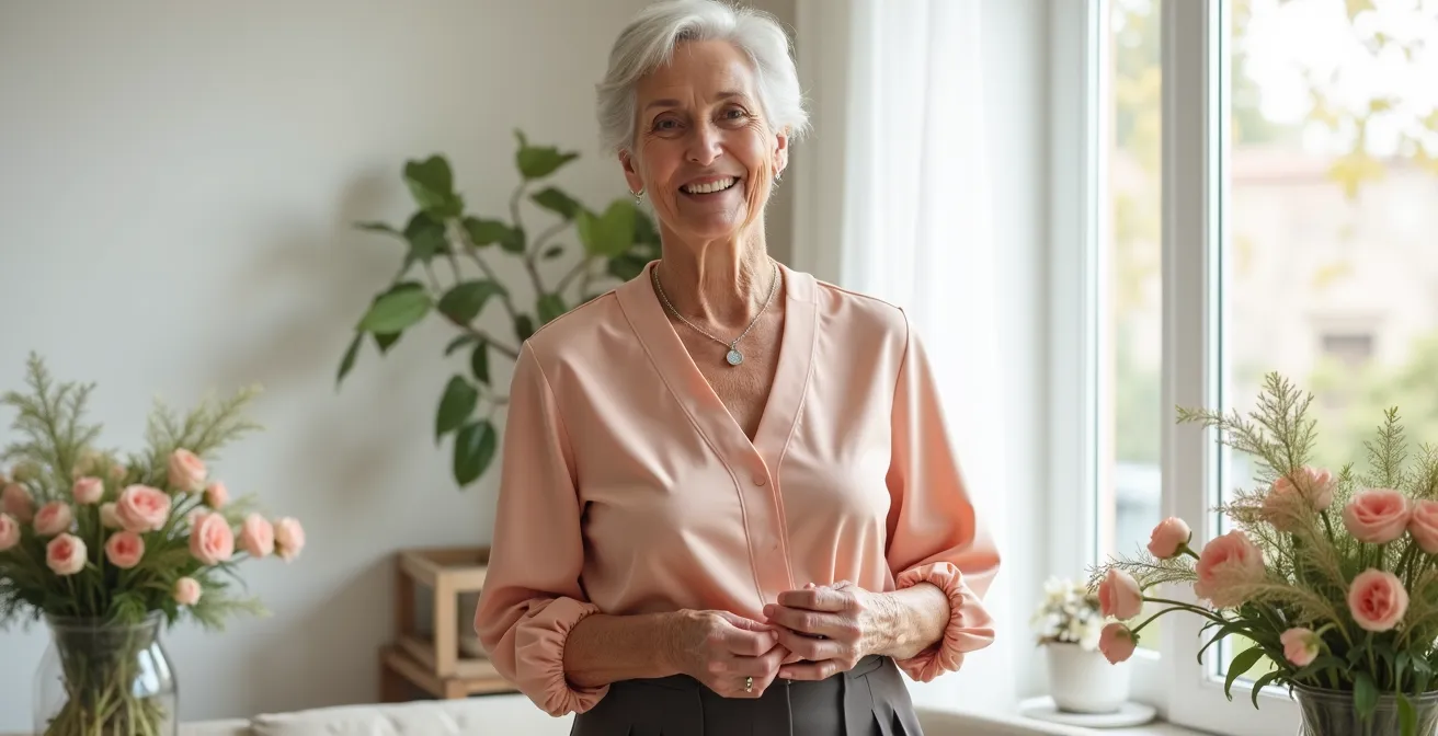 Femme senior souriante portant une tenue élégante adaptée avec col en V mettant en valeur un pendentif moderne