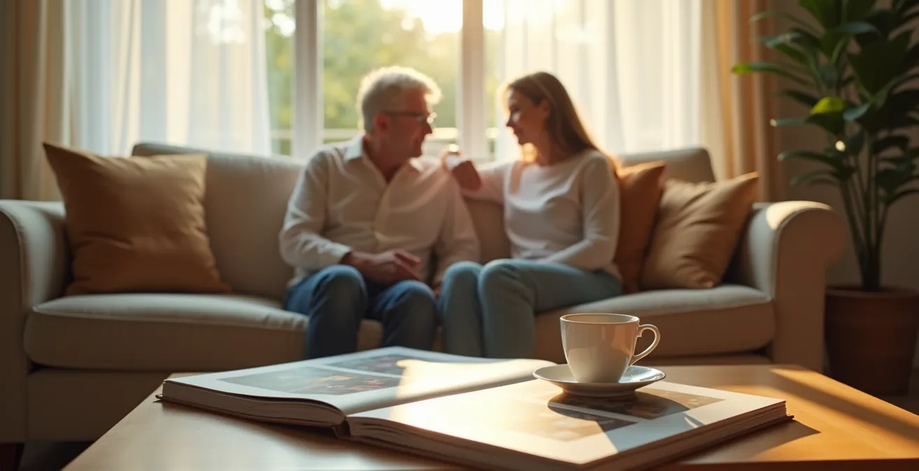 Moment de préparation bienveillante entre un aidant et un senior avant une absence