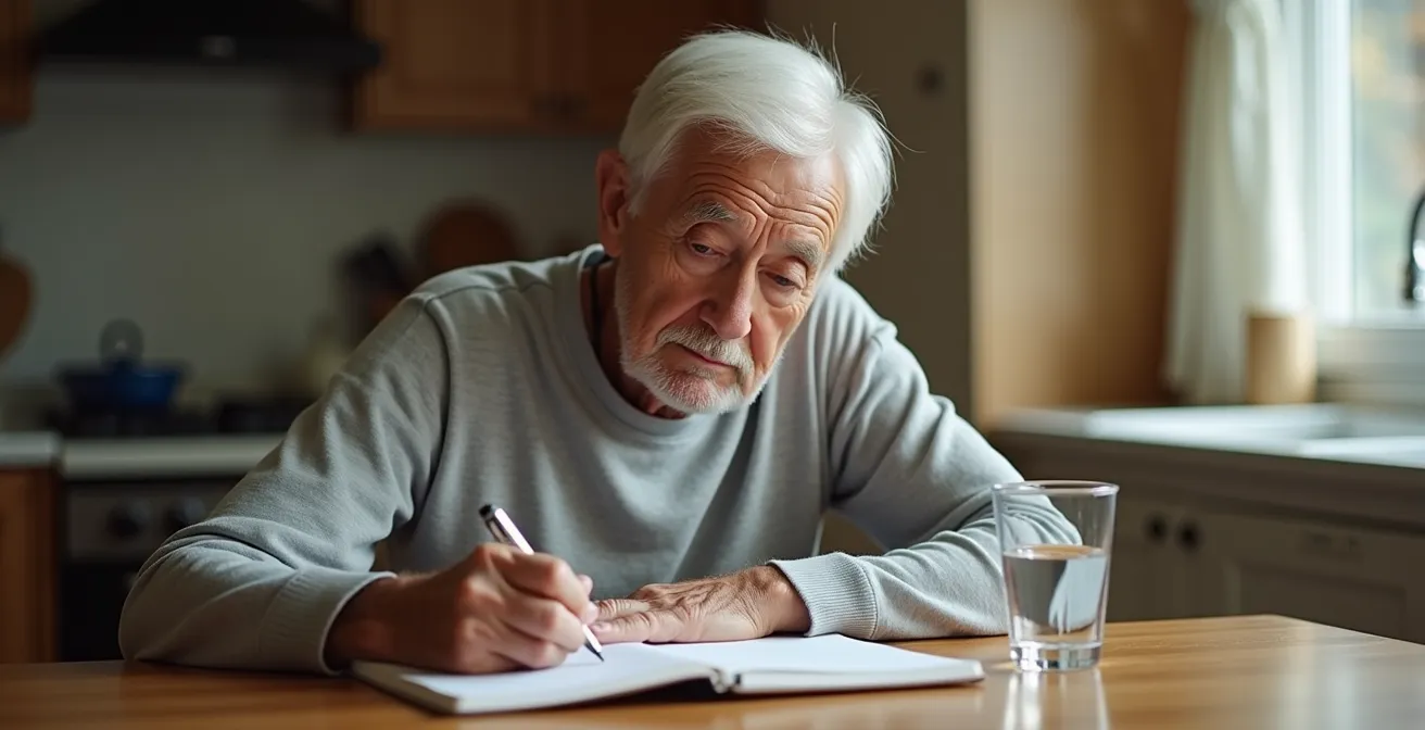 Personne senior assise à une table, notant dans un carnet ses sensations après l'exercice